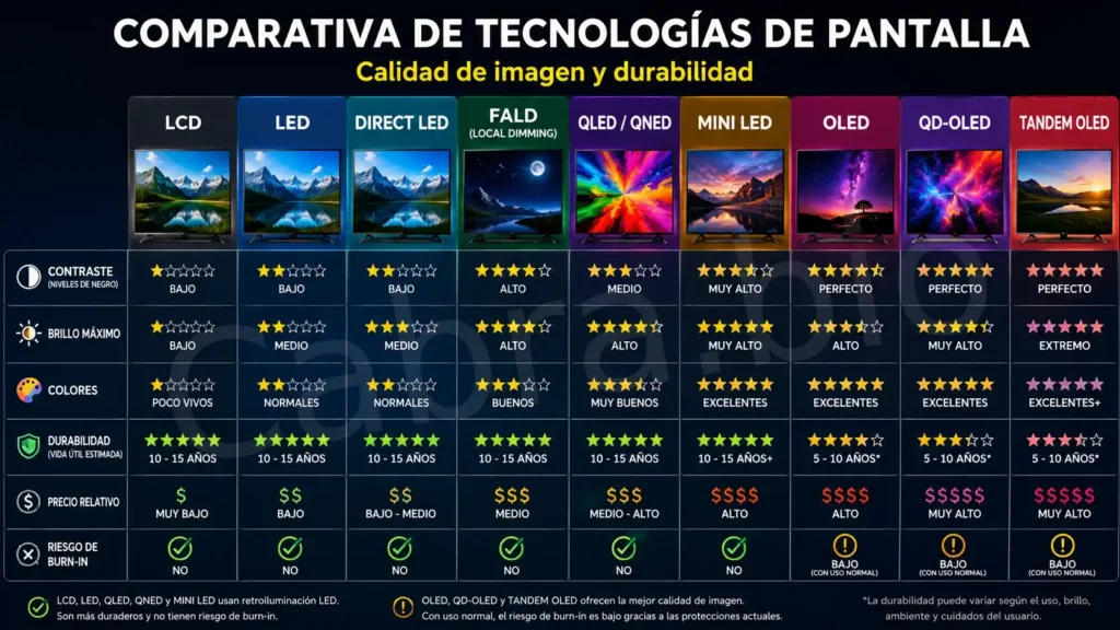 Tabla comparativa de tecnología en pantallas de Smart TV. Foto: Cabra.bio